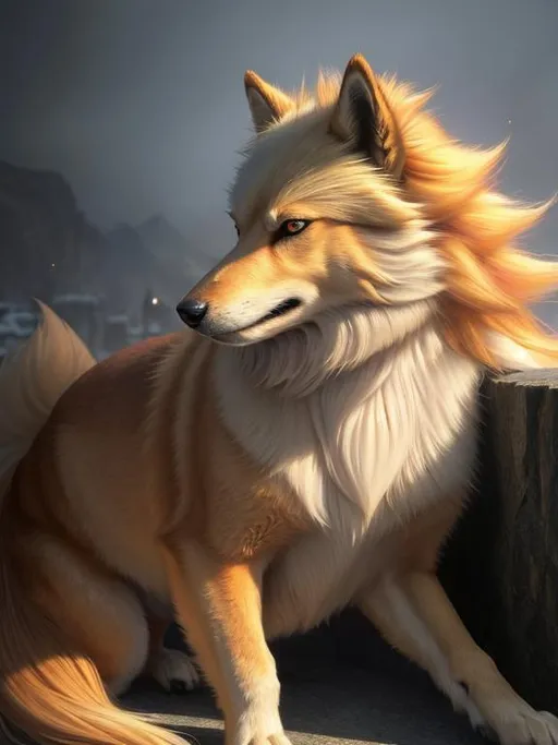 Prompt: remove paw, 8k, 3D, UHD, masterpiece, oil painting, best quality, artstation, hyper realistic, photograph, perfect composition, zoomed out view of character, 8k eyes, Portrait of a (beautiful Ninetales), {canine quadruped}, thick glistening gold fur, deep sinister (crimson eyes), ageless, lives a thousand years, epic anime portrait, vindictive, angry, growling, vengeful, wearing a beautiful (silky scarlet and gold scarf), thick white mane with fluffy golden crest, golden magic fur lighlights, studio lighting, animated, sharp focus, intricately detailed fur, graceful, regal, cinematic, magnificent, sharp detailed eyes, beautifully detailed face, highly detailed starry sky with pastel pink clouds, ambient golden light, perfect proportions, nine beautiful tails with pale orange tips, insanely beautiful, highly detailed mouth, symmetric, sharp focus, golden ratio, complementary colors, perfect composition, professional, unreal engine, high octane render, highly detailed mouth, Yuino Chiri, Anne Stokes