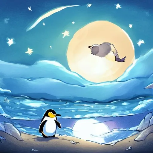 Prompt: Anime draw of a Penguin under the moon on the beach