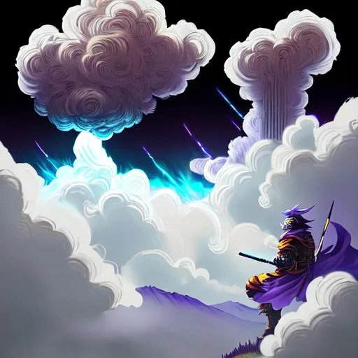 Prompt: sci-fi armoured ninja god son of ares yellow electric aura wielding purple greek fire katana standing on mountain about to attack with dark flame dragon celestial cloud background