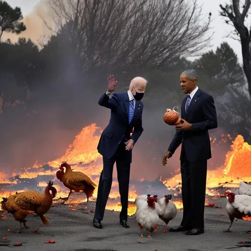 Prompt: Joe Biden and Obama are both kissing turkeys while everything is on fire in the background 