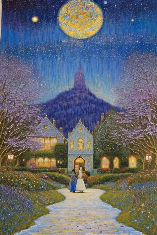 Prompt: Inlay Aubusson tapestry: a winter enchanted beautiful princess and her white horse, a whimsical village landscape background under a beautiful twilight night sky art by Susan Seddon Boulet, Edmund Dulac, Iris Scott, John Lowrie Morrison, Thomas Edwin Mostyn, Gustav Klimt, John Piper, William Timlin, John Bauer. 3/4 portrait, beautiful pastel aquarelle colours, crispy quality, cinematic smooth, polished finish, high quality, very clear resolution, blue, gold and rose tones, metallic glow
