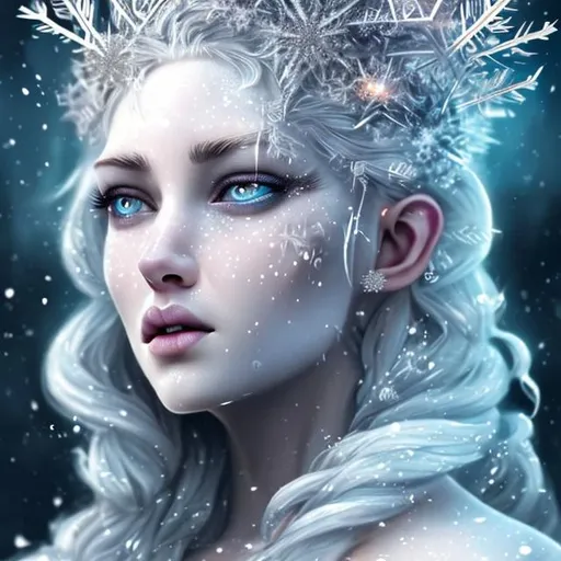 Prompt: White ice queen beautiful hyper realistic face features icy eyes hyper detailed snowflake forehead crown 