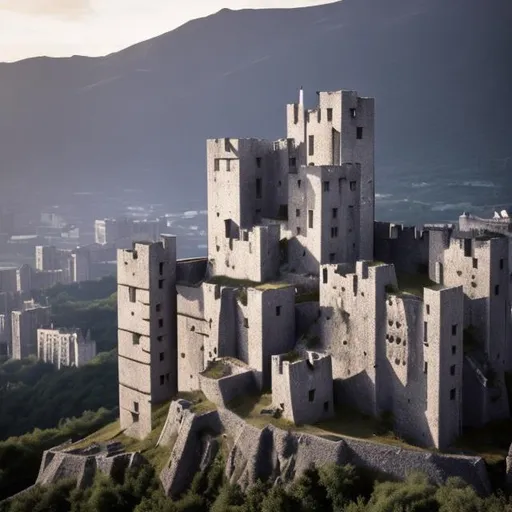 Prompt: several small castles on the side of a Mountain, brutalist architecture, with a citadel in the backround