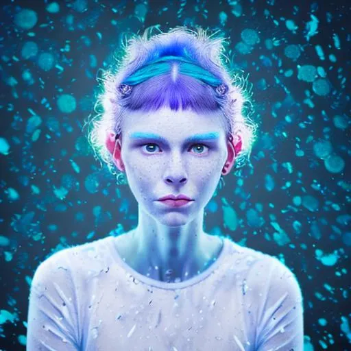Prompt: Insanely Detailed surreal portrait of realistic beautiful woman face has a very strong jawline not exactly pointy but  not round or oval either; blue green purple hair;  the ears are not forward they’re not back but in the middle; hands have a thumb and 2 index fingers; feet are small petite feet legs and body looks skinny