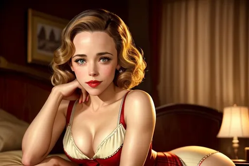 Prompt: Rachel McAdams as a 1940's Era beautiful pin-up girl, Detailed face and Environment, SFW, Vintage aesthetic, 