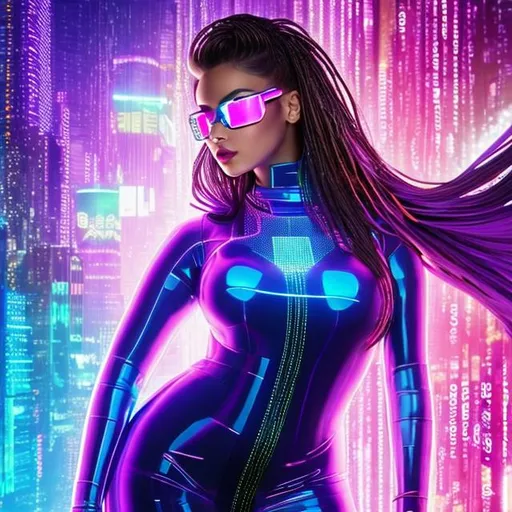 Prompt: ((high-quality)) ((high-detail)) ((highly-detailed)). Futuristic, Cyberpunk, Neo-expressionism. an augmented female {bbw}, sorceress. wearing a transparent dress with visible skin and sunglasses, a hologram, 
leather body suit {Purple}, pixel sort, triadic colors, checkered pattern. posing for a picture. rpg art. 2d. 2d art.