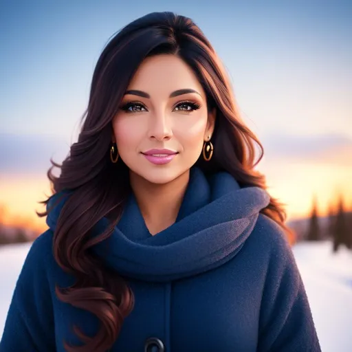 Prompt: latina female outside in winter, age 35, pleasant face, Analogous color scheme, ultradetailed, 8k resolution, perfect, smooth, high quality