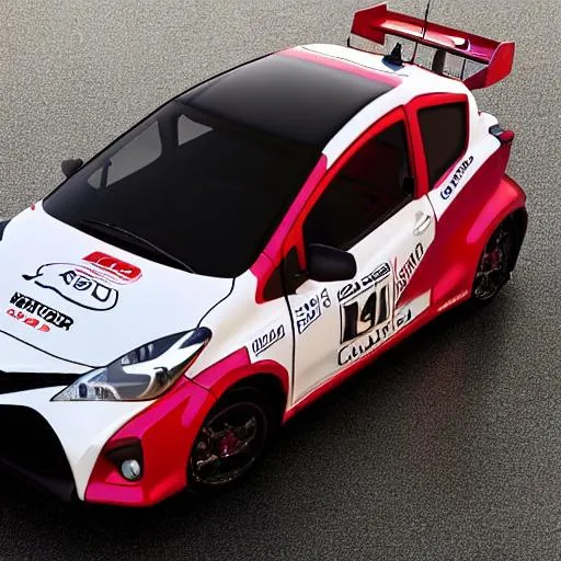 Prompt: 3d render of a toyota yaris Gazoo Racing style, rectilinear wide lens photo, very detailed, high quality resolution, octane render, shot with 16mm lens, hype photos, car in white at a mountain road, car looks like a rally car, front end has 2 mesh rectangular air intakes, much more aggressive style 