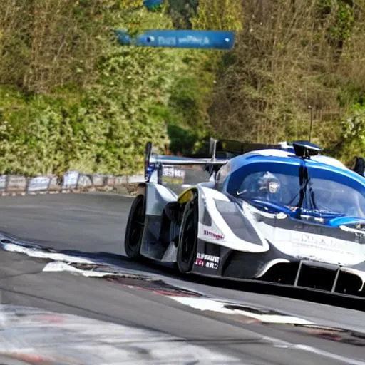 Prompt: New LMDH prototype racing through a section of the Nurburgring.