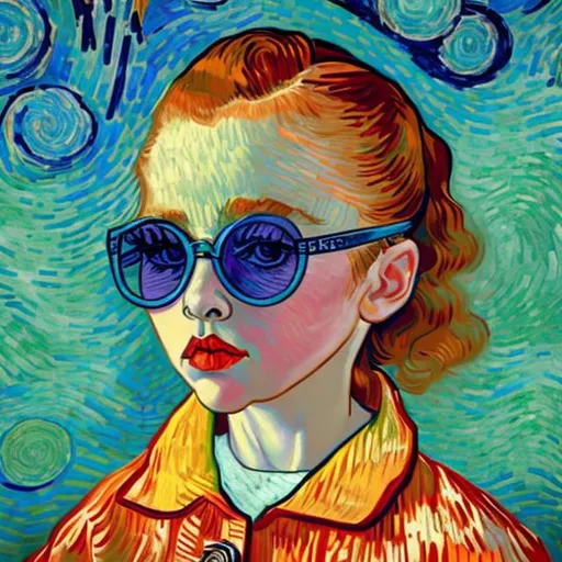 Prompt: girl with sunglass looking from a colourful background in van gogh style