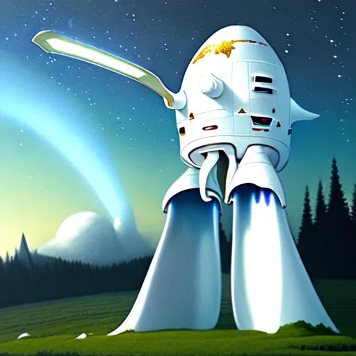 Prompt: close up, spatula paint, artsy big white fat spaceship. w a beam in a top of a field, render, realistic, landscape, with a halo", glowing, silky, furry, backlit, warm tones, night-sky, lots of moss, indigo, cream, coral, bone-white, ornate, dynamic, particulate, intricate, elegant, highly detailed, airbrush, volumetric lighting, occlusion, smooth, sharp focus, 128K UHD octane render, w more detail, ultra realistic, insane detail, cinematic