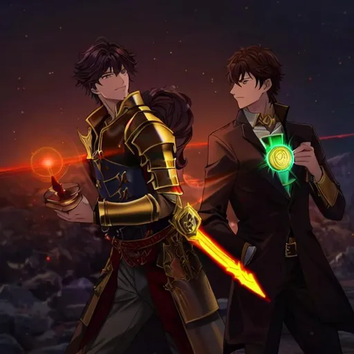 Prompt: Nikolas Dorn a dark brown haired Werewolf Cleric Of Light in full plate armor Golden Yellow Flame Holding The Sun Blade Fighting Hazama Terumi A green haired Serpent Of Darkness High res photograph