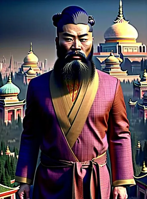Prompt: A captivating image emerges - a bearded Asian man donning a unique fusion of Eastern and Western attire. His long necktie adds a touch of formality, while his overcoat robe makes his outfit look like a business suit. He radiates strength, resembling a terra cotta warrior wearing a necktie. The scene is set amidst the backdrop of domed buildings, evoking a realistic and picturesque landscape. The photograph captures the essence of this intriguing blend, inviting viewers to delve deeper into the fusion of cultures.