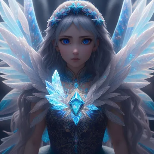 Prompt: frozen fractal deity, crystal wings, symmetrical, soft lighting, UHD, hd , 8k eyes, detailed face, big anime dreamy eyes, 8k eyes, intricate details, insanely detailed, masterpiece, cinematic lighting, 8k, complementary colors, octane render, volumetric lighting, unreal 5, artwork, colorful glamourous hyperdetailed background, ultra-fine details, hyper-focused, deep colors, dramatic lighting, ambient lighting god rays, by makoto shinkai, stanley artgerm lau, wlop, rossdraws, full body