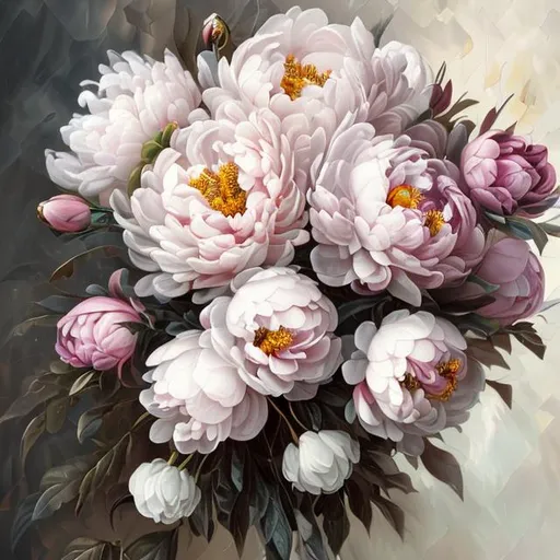 Prompt: PAEONIA ALERTIE realystic style 11 flowers bouquet ligthener white pink vintage art old style oil painted  craced canvas  dark background 