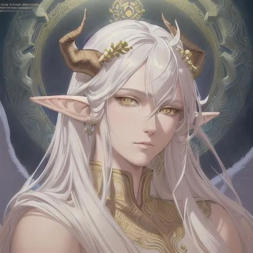 Prompt: Portrait of a prince, smooth soft skin, big dreamy yellow eyes, beautiful fluffy intricate colored white hair, symmetrical, anime wide eyes, soft lighting, detailed face, wlop, rossdraws, concept art, digital painting, smooth, elf ears, horns, feminine