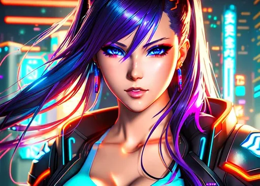 Cyberpunk anime characters with blue hair and neon glow