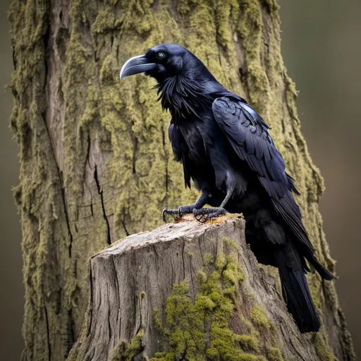 Prompt: a raven sitting on a broken tree trunk with wings [partially outstretched and fluffy
