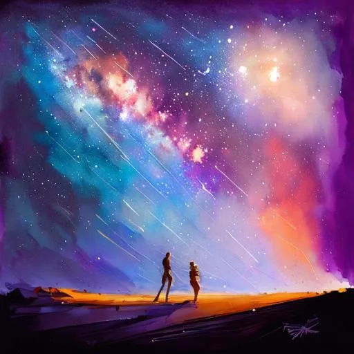 Prompt: artwork of a shooting star falling on a desert, dark sky, nebula and stars in the background on horizon.
Beautiful painting. 
