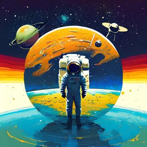 Prompt: Astronaut floating next to a small planet in art used for jam band concert posters