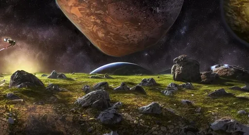 Prompt: astronaut in an alien planet on an exoplanet planet, an alien planet full of life and animals and species and plants and trees and flowers, high detail photorealistic wide view cinematic lighting 8k ultra hd landscape