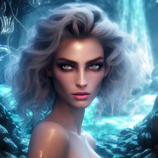 Prompt: HD 4k 3D 8k professional modeling photo hyper realistic beautiful evil demon woman ethereal greek goddess of impiety
 bright blue wet hair gray eyes gorgeous face pale skin scantily dressed crystal headpiece tattoos full body surrounded by magical glowing light hd landscape background dark cave of the underworld in a pool of water 