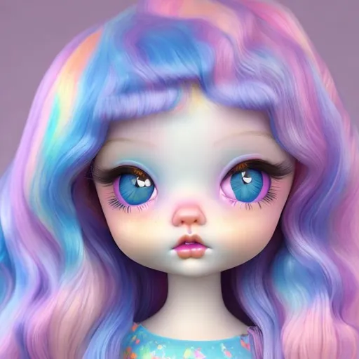 Prompt: Porcelain pastel doll in the style of Lisa frank