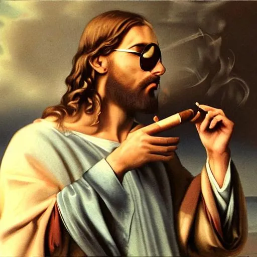 Jesus smoking a cigar with sunglasses