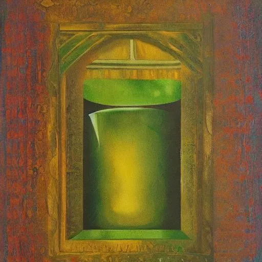 Prompt: Emerald tablet oil painting 

