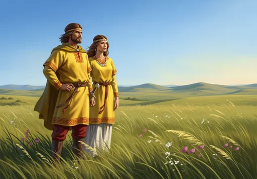 Prompt: A Scythian couple from antiquity, european persons, 2nd century, wearing yellow tunics, with a steppe plain in the background. Made in a painting style.