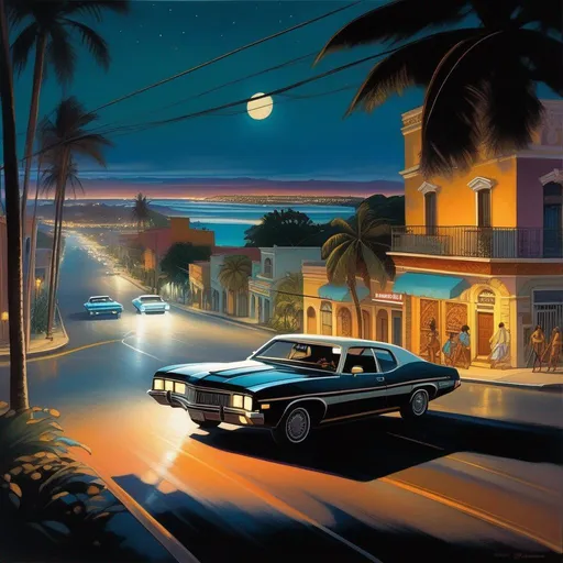 Prompt: 1970s, San Juan at night, car chase, warm atmosphere, cartoony style, extremely detailed painting by Greg Rutkowski and by Henry Justice Ford and by Steve Henderson