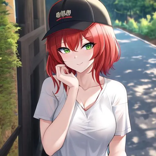 Prompt: Akina 1female (Short red hair, relaxed and sassy green eyes), 8K, Insane detail, best quality, UHD, Highly detailed, insane detail, high quality. Casual outfit, sideways snapback, car shirt, denim shorts