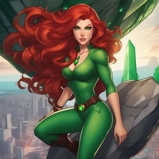 Prompt: beautiful woman with red hair and green eyes holding a large rock, comicbook art, the hard and strong buildings, animated, ultra high definition details, female floating, the emerald herald, ability image, medusa, rock climber, comic book:.2, close up image, featured art, valorant character