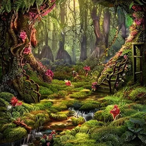 Prompt: Realistic magical forest, very detailed, intricate, stunning, romanticism, flowers
