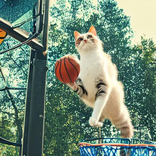 Prompt: photo of a cat playing basket ball
