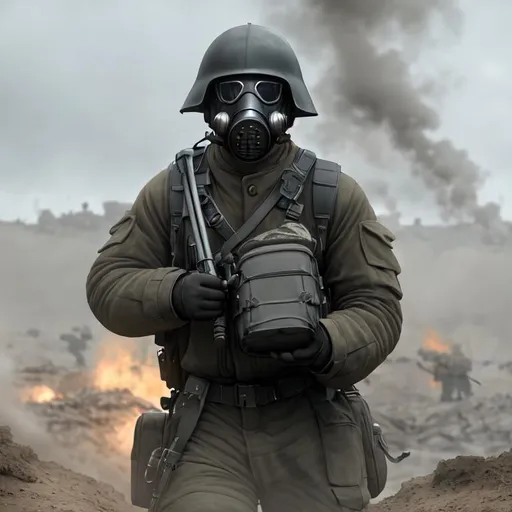 Prompt: Several mordern male black color with gas mask black coming out of the trenches, Highly Detailed, Hyperrealistic, sharp focus, Professional, UHD, HDR, 8K, Render, electronic, dramatic, vivid, pressure, stress, nervous vibe, loud, tension, traumatic, dark, cataclysmic, violent, fighting, Epic

