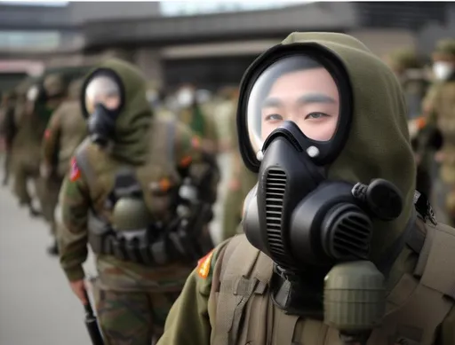 Prompt: south Korean Soldiers, gas Mask, hyper realistic, realistic bodys, running