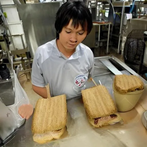 Prompt: someone making a poop sandwitch in an asian super factory