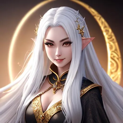 Prompt: Oil painting, Chiaroscuro, landscape, UHD, 8K, highly detailed, panned out view of the character, visible full body, ethereal, unnatural grey-skinned vampire girl, beautifully detailed face, discrete smile, white hair with precious gems, barely clothed, golden scales. She is a moon priest of the elven kingdom. She wears a fishnet made of gold and silver, emerald jewelry, and silver lace stockings with gold trim. (She is looking through a window of a high tower in an elven kingdom). 