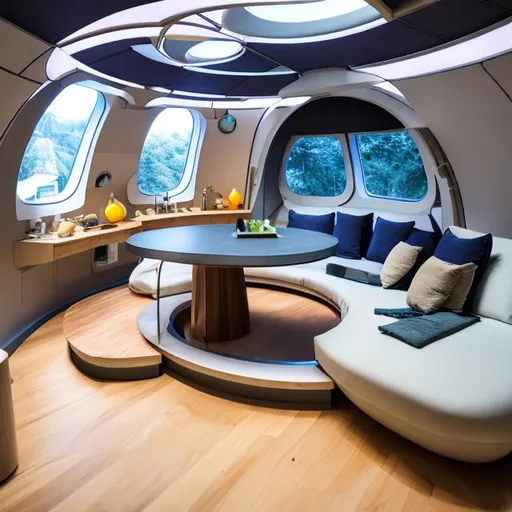 Prompt: Close caption of a Space creaft living apartment pod for one person. With sleeping area, living room and kitchen with bathroom and garden.