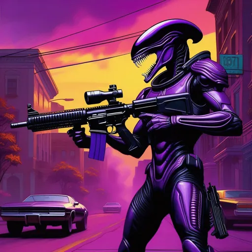 Prompt: Xenomorph in Saints Row, guns, cartoony, purple atmosphere, extremely detailed painting by Greg Rutkowski and by Henry Justice Ford and by Steve Henderson