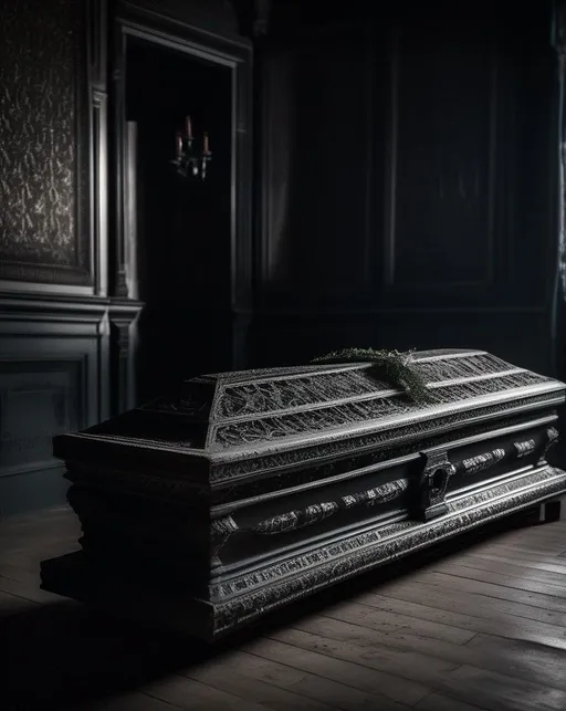 Prompt: An ornate vintage coffin with intricate carvings along the sides sits open in an empty room lit by flickering candlelight. Dark shadows dance along the walls. Shot with a Nikon Z7 using a 85mm lens for a narrowed dramatic perspective. The lighting amplifies the shapes and textures of the carved details. The mood is creepy yet elegant, evoking brooding Victorian gothic horror. In the style of Tim Burton.