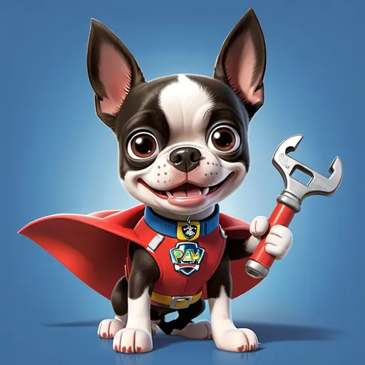 Prompt: paw patrol, Boston terrier smiling 
holding a wrench with a cape on
