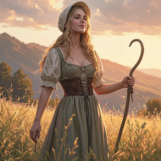 Prompt: "A cheeky young teenage shepherdess age18, slim and beautiful with an unabashed whimsical Innocence, standing confidently on a sunlit grassy hill, smirking with playful flirtation towards the viewer, long wavy blonde hair partially under a white bonnet, wearing a low-cut medieval-style peasant dress with a corseted bodice and puffed sleeves, holding a shepherd's crook. The scene has warm golden lighting, dramatic skies with orange and pink hues, soft-focus mountain background. She has an exaggerated hourglass figure, teasing expression, and a rustic sensuality. Rendered in semi-realistic painterly style, with smooth skin, detailed textures in fabric and hair, lightly sun-kissed complexion, slight blush from laughter, cinematic lighting. Inspired by cheeky humor in web comics, but brought into a grounded fantasy realism."
