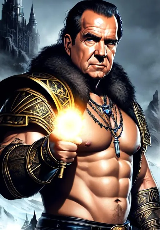 Prompt: UHD, , 8k, high quality, poster art, (( Aleksi Briclot art style)), Richard Nixon, hyper realism, Very detailed, full body, muscular, view of a middle aged man, no shirt, beard, wizard, tribal tattoo, black hair, dark eyes, giant battle axe, brown skin. black leather armor, dynamic pose, mythical, ultra high resolution, light and shading in 8k, ultra defined. 