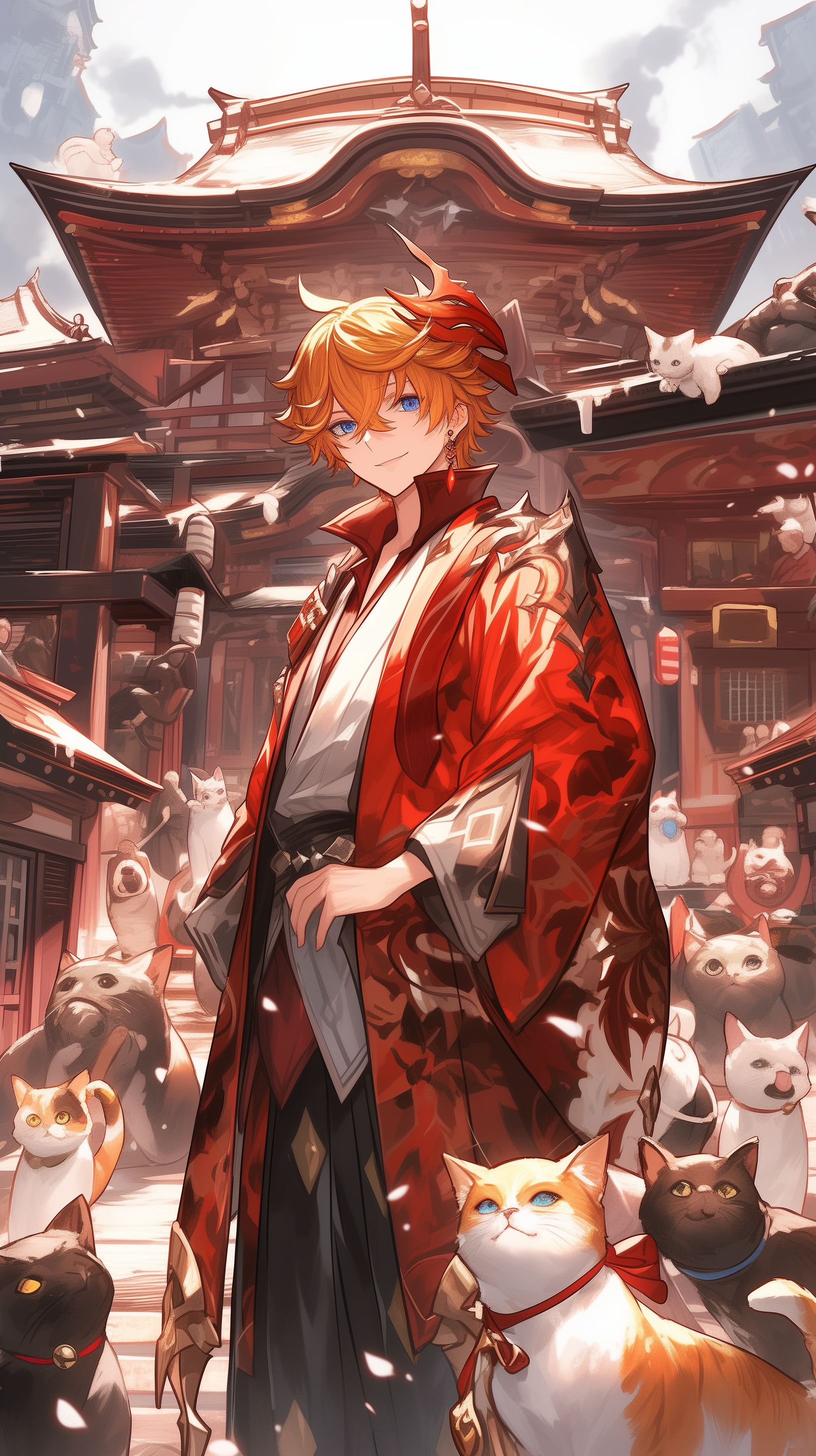 Prompt: Tartaglia from Genshin Impact, male, thin, blue eyes, feminine figure, thin, messy orange hair that falls between the eyes, red gem earing, red hair mask, wearing a long intricate kimono (silver, grey, black, and red), standing infront of a temple full of cats, looking happy, smiling, --ar 9:16 --niji 6