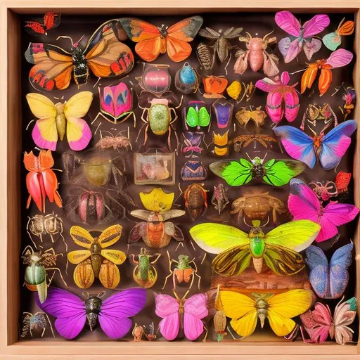 Prompt: Entomological specimens diorama in the style of Lisa frank 