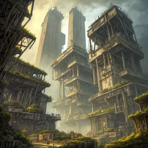 Prompt:  fantasy art style, painting, brutalist architecture, brutalism, brutalist building, industrialisation, industry, power plants, concrete, metropolis, greenhouse, terrarium, vivarium, utopia, plants, trees, tall trees, forest, dense forest, overgrown, giant, forest, redwood trees, crowded, overpopulated, crowds