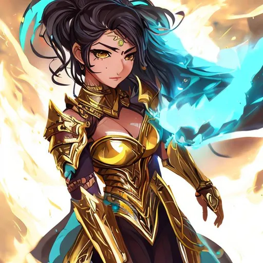Prompt: Anime style fantasy brown eyes Latina woman fighter healer mage proportional  no hands focused small chest long black hair straight turquoise and gold armor confident woman