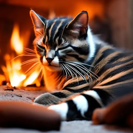 Prompt: blacked striped cat sleeping by a fire place